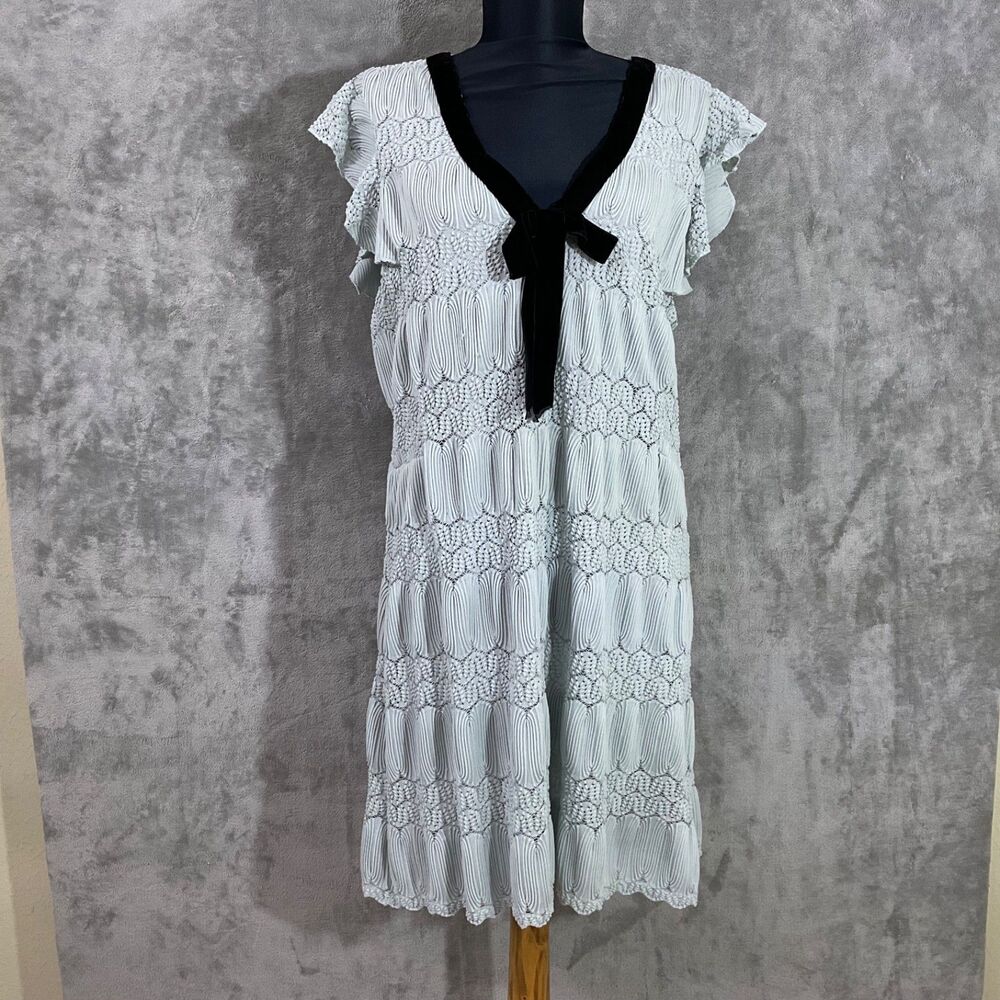 Anthropologie EVA FRANCO textured Dress size L black velour Bow Pale Green USA